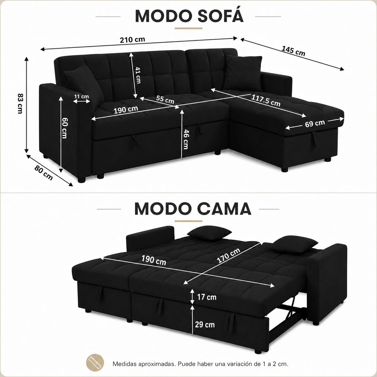 Sofá Cama Chaise Longue 3 Plazas Kris 210 x 145 cm, Cheslong Reversible con Arcón y Almacenamiento, Sistema de Arrastre, Tapizado Terciopelo Negro, Armazón Pino Macizo, Salón