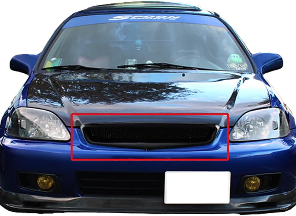 W-POWER, ABS Type-R Style Black Mesh Grille Grill Trim Overlay Cover Front Hood Compatible with 1999-2000 Honda Civic CX DX EX LX HX Si All Models, Front Grill Bumper Outline Trim Cover Overlay
