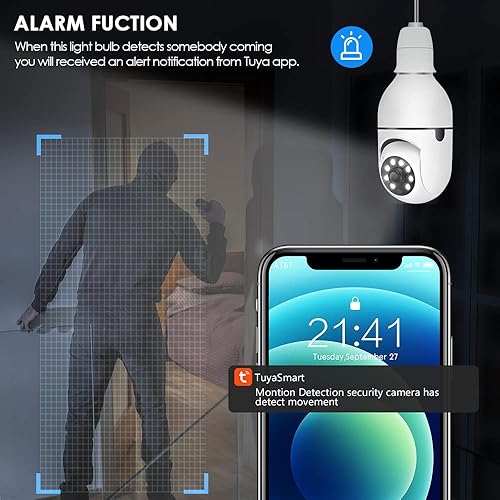 Vista 3 de EVERSECU Cámara de seguridad PTZ de bombilla inalámbrica de 1080P 2.0MP con conector E27, seguimiento automático de movimiento, audio bidireccional