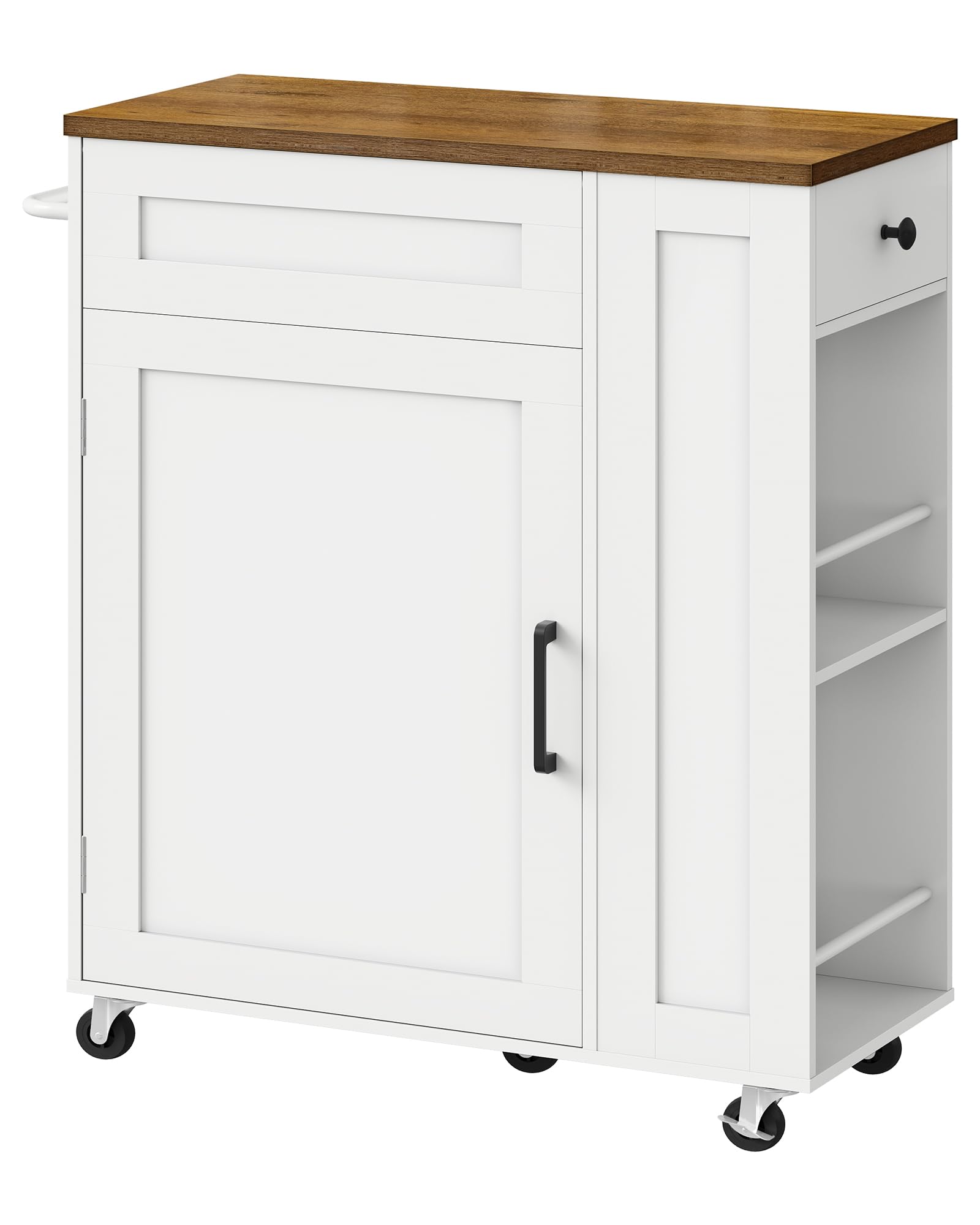 CHOEZON Carrito de Cocina Móvil con Isla, Carro con Compartimento Oculto para Basura, Carrito de Cocina con 5 Ruedas Giratorias, Cajón, Estantes y Toallero, para Cocina, Blanco y Nogal DMZD06WL