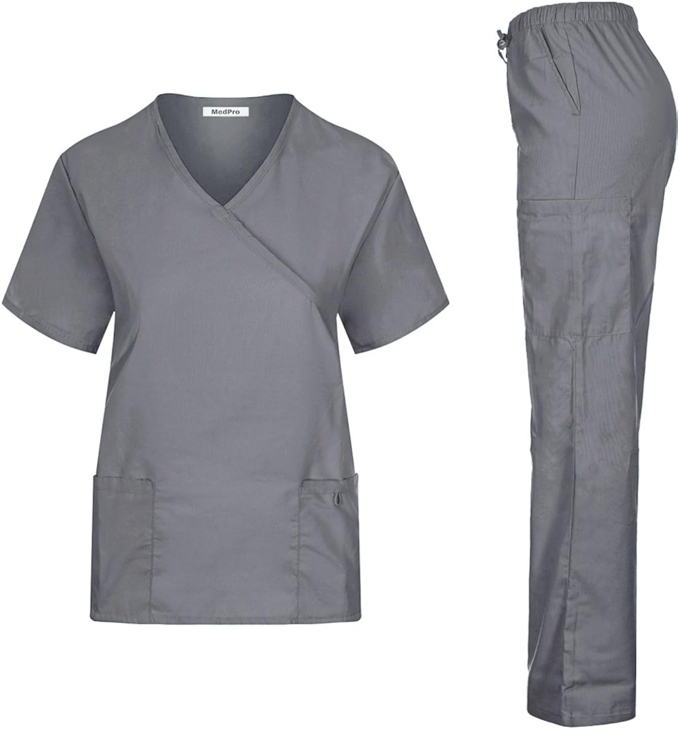 MedPro Women's Contrast Trimmed Solid Medical Scrub Set Mock Wrap Top and Cargo Pants