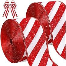 Waydress 2 لفات شريط مخطط بالنعناع لعيد الميلاد، نسيج قصب الحلوى السلكي اللامع، شرائط عريضة DIY Craft لإكليل قوس شجرة عيد الميلاد، 2.5 بوصة X 25 ياردة