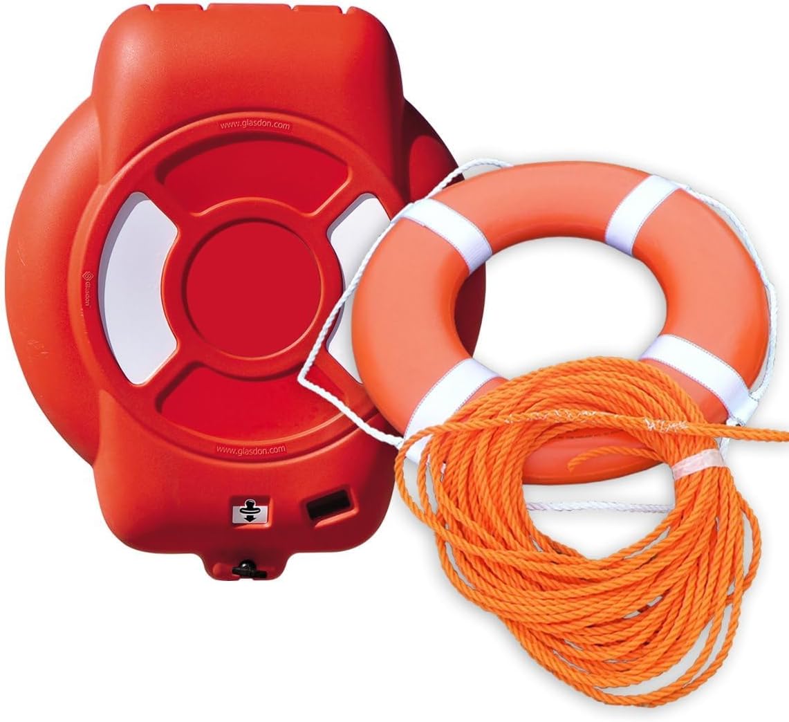 Guardian Life Ring Cabinet with 24" Life Ring and Rope Boat Safety Throw Rings USCG Approved (Rail Mounting Fixing Kit)