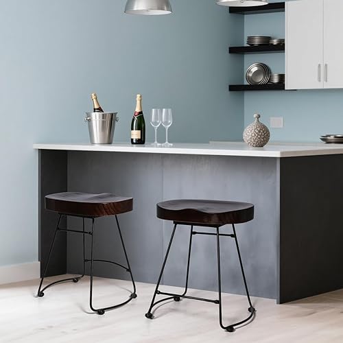 Miniatura 7 de Juego de 2 taburetes de bar modernos, sillas de comedor estilo rústico retro americano, taburete de bar corto de madera de mediados de siglo con