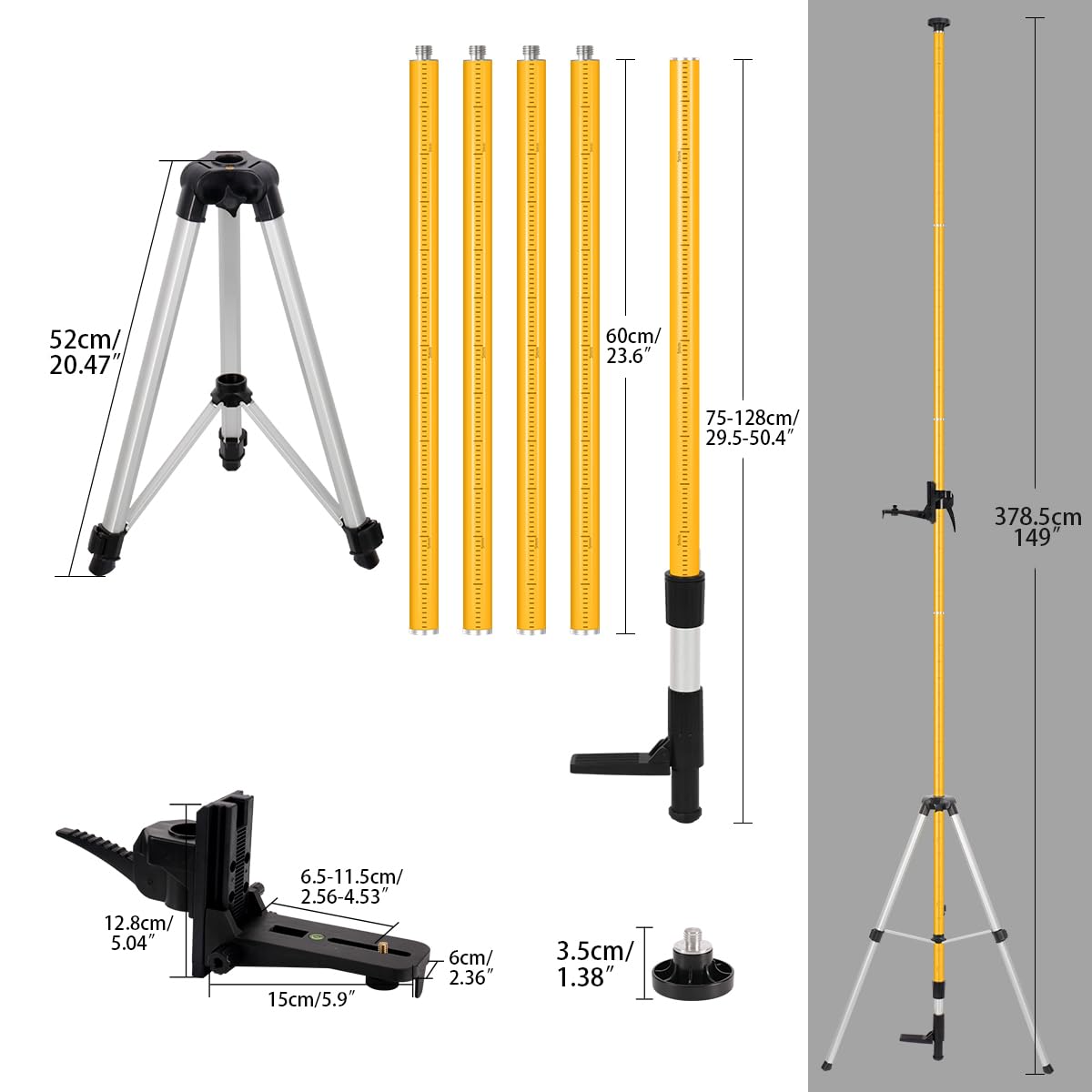 Niveau laser télescopique, niveau laser avec trépied, 3,7 m avec fixation laser 1/4« par 20 » pour niveau laser rotatif et linéaire, écrou d'adaptation 5/8"-11 inclus