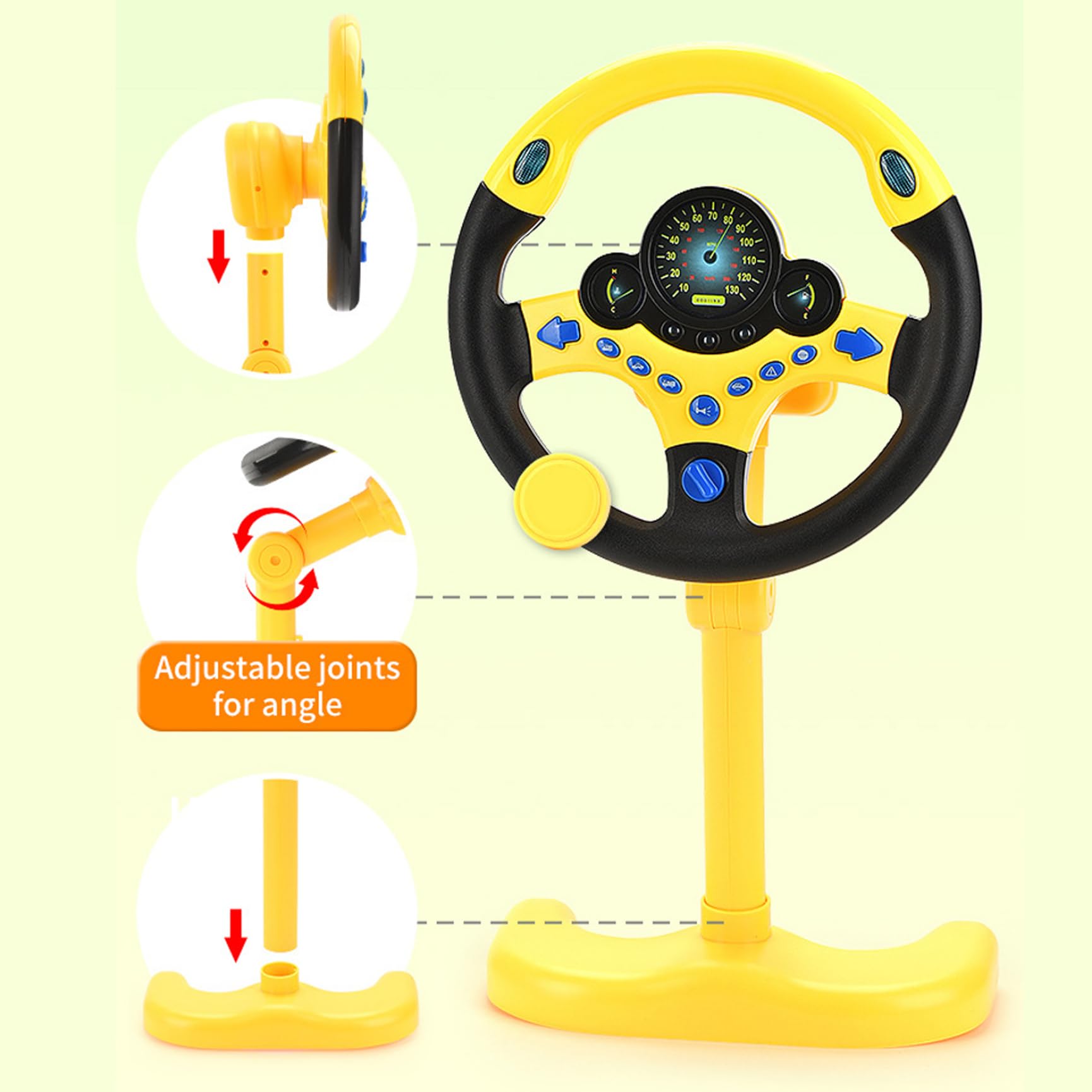 Volante Giocattolo, Volante di Simulazione con Pedale dell'Acceleratore e Cinghie, Rotazione a 360° ed Effetti Sonori Divertenti, Luci Splendide per Bambini dai 3 Anni in su, Giallo