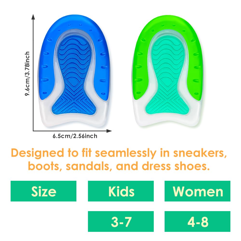 Kinder-Fersenschalen – leichte Gel-Fersenschalen für Kinder-Fersensporn, Plantarfasziitis, Knöchelschmerzen, stoßdämpfend (grün, 2 Paar Kindergröße 3–7)