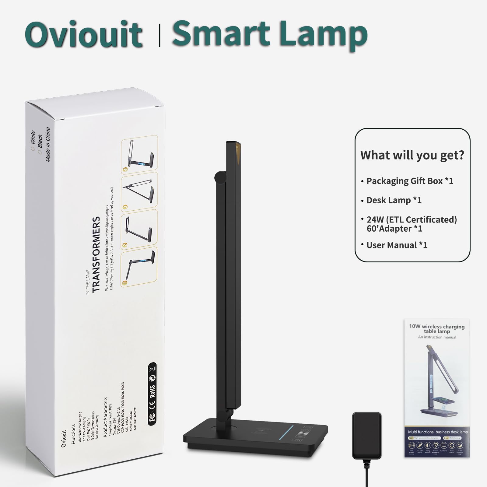 Lámpara de escritorio inteligente 10 en 1, luz de escritorio para Colleage Drom Room Office, lámpara de mesa con luz nocturna, lámpara para escritorio con cargador inalámbrico de 10 W, lámpara táctil 7