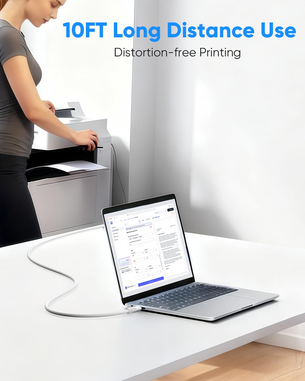 Weißes USB-Druckerkabel, 3 m, geflochtenes Druckerkabel (A auf B), Hochgeschwindigkeits-USB-2.0-Kabel, kompatibel mit HP, Brother, Dell, Epson, Scanner, Klavier und Laptop, Desktop-Computer