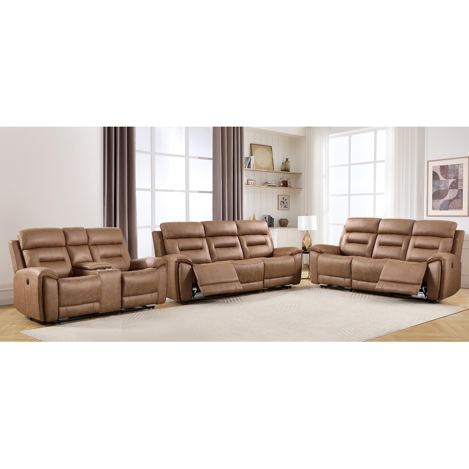 ANJ 3-Piece Faux Leather Power Recliner Sofa Set with USB&amp;Type-C Charging Ports, Include Loveseat Sofa with Hidden Storage &amp; Cup Holders and 2 3-Seater Reclining Couches for Living Room, Brown