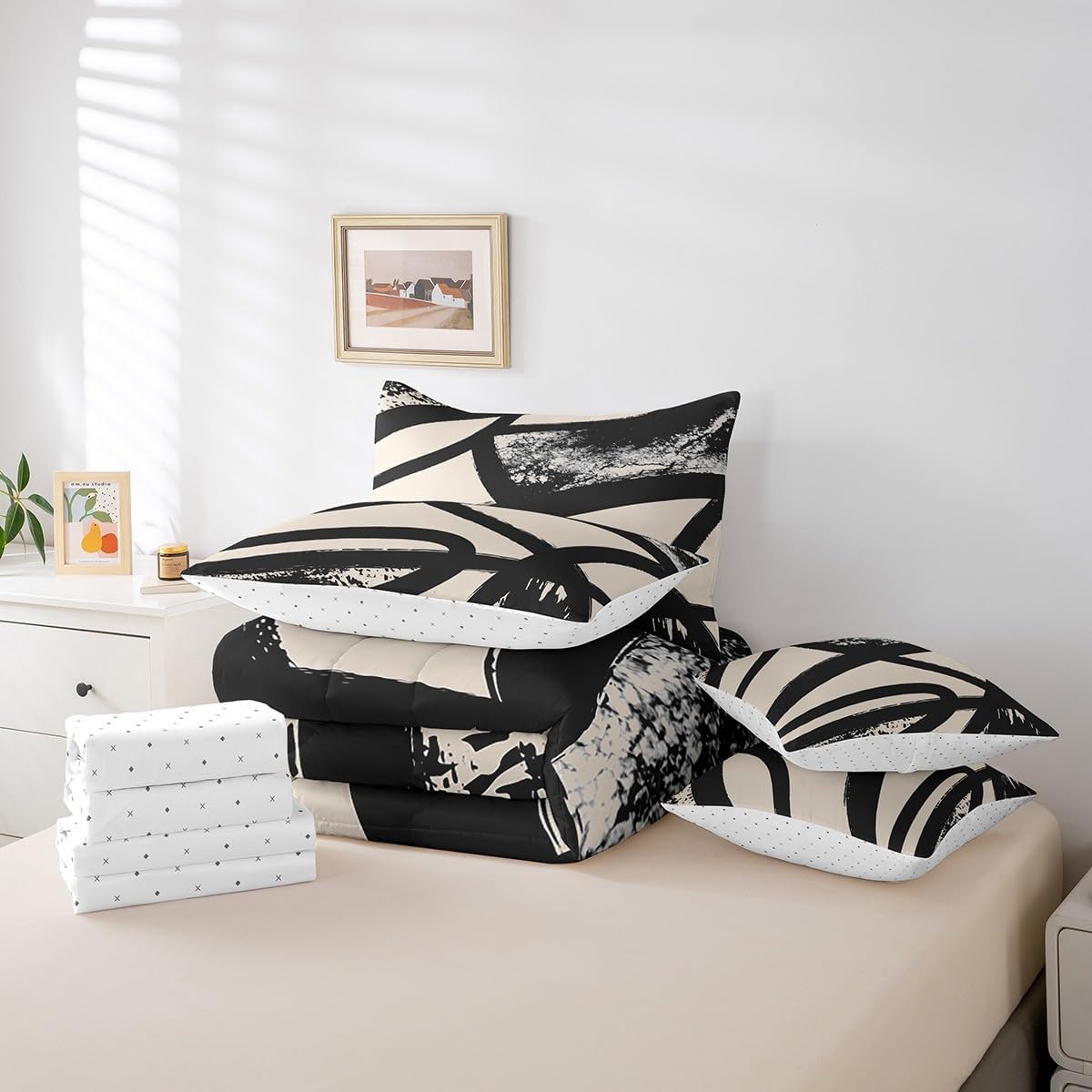 Abstract Bed in a Bag Kids Bedding Beige Grey Set Twin Size Geometric Comforter Set with Sheet Set, Pillowcases & Pillow Covers for Breathable Soft Microfiber Modern Art