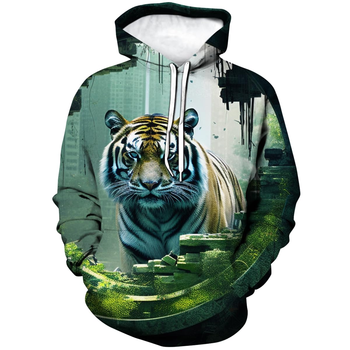 Laoliusn Men's Green Tiger Hoodie - Animal Theme, Realistic Graphic Sweatshirt, 3XL