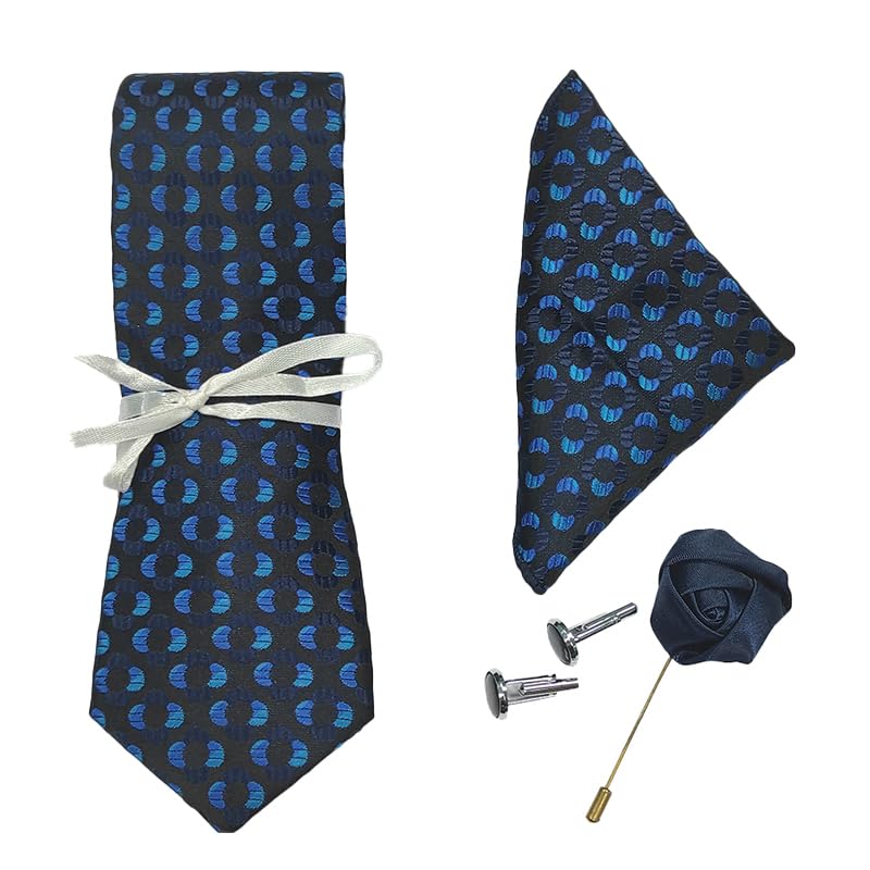 rare combee group Premium Silk Necktie for Men with Matching Cufflinks and Pocket Square - Black color, Blue Design-picture-4