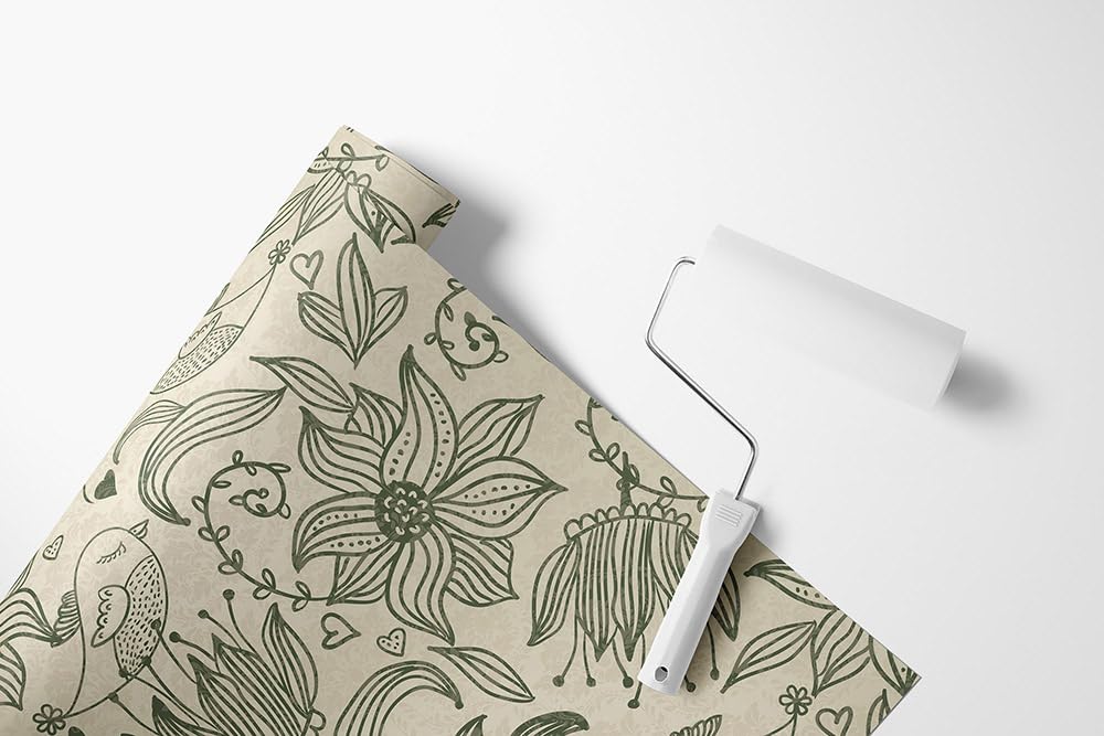 Tapeta samoprzylepna folia meblowa kwiaty ptaki wzór kwiatowy vintage | Tapeta z kwiatowym motywem ptaków w stylu vintage nowoczesny design motyw natury beżowo-zielony skandynawski do salonu