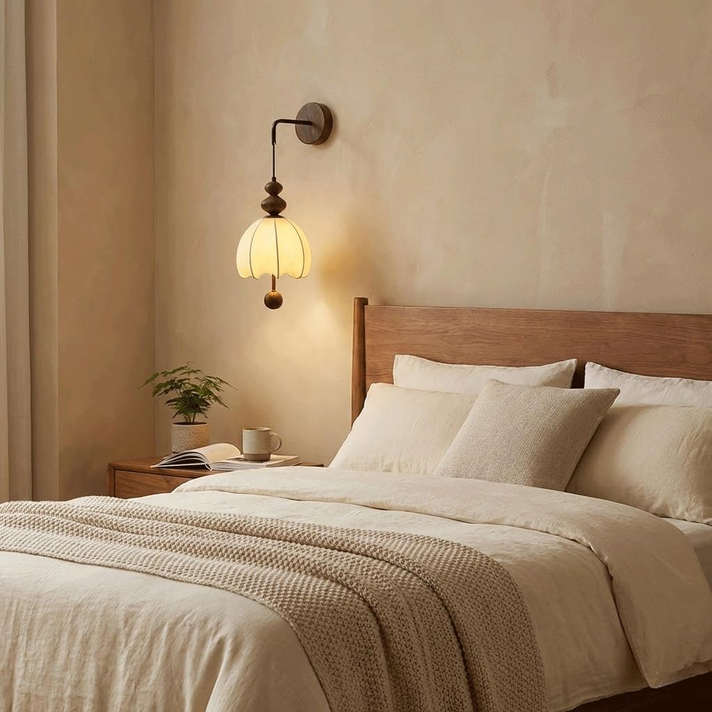 Applique da Parete per Interni, Camera da Letto, corridoio, Tessuto, Lampada in Legno Color Noce, Metallo retrò con Paralume in Tessuto Bianco Crema, Lampada da Comodino per soggio