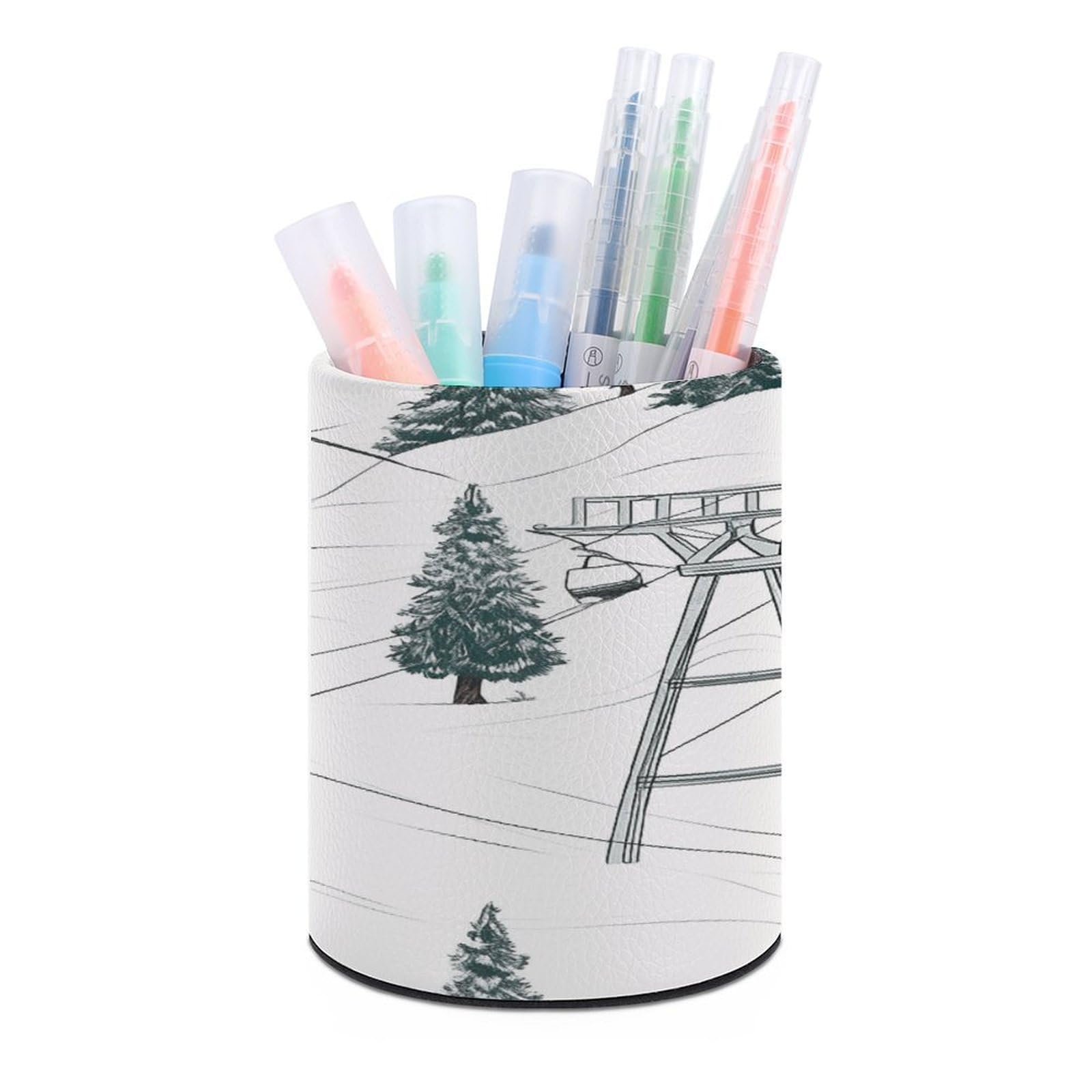 LDGSUPH Ski Lift With Fir Tree Round Pen Holder Leather Pen Cup Pencil Cup Pen Organizer Pencil Holder for Desk Organizer Pencil Organizers Makeup Brush Holders for Home Office Gift