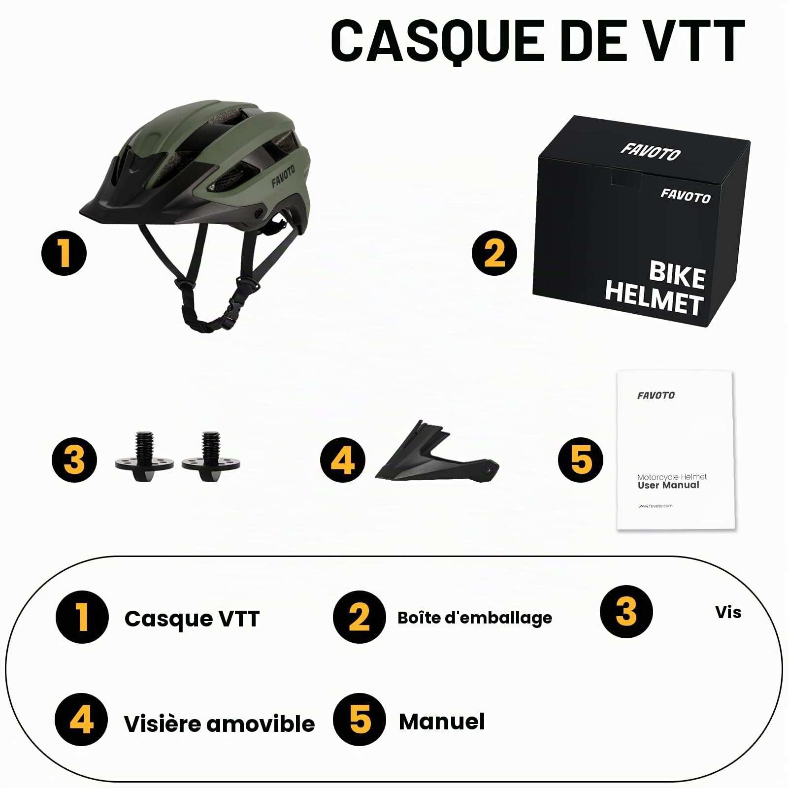 Favoto Casque de vélo de Montagne léger pour Adulte - Casque de vélo de Route réglable pour Homme et Femme - Design Triple Coque - Certifié CE