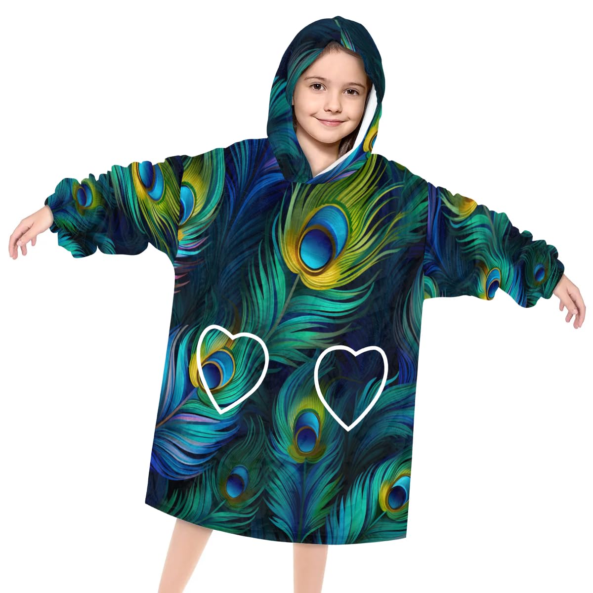 Wearable Blanket Hoodie for Kids, Feathered Peacock Fleece Sweatshirt Blanket Oversized Blanket Sweatshirt with Pocket Flannel Warm Hooded Blanket 6-10 Year Old Girl Boy Gift, One Size
