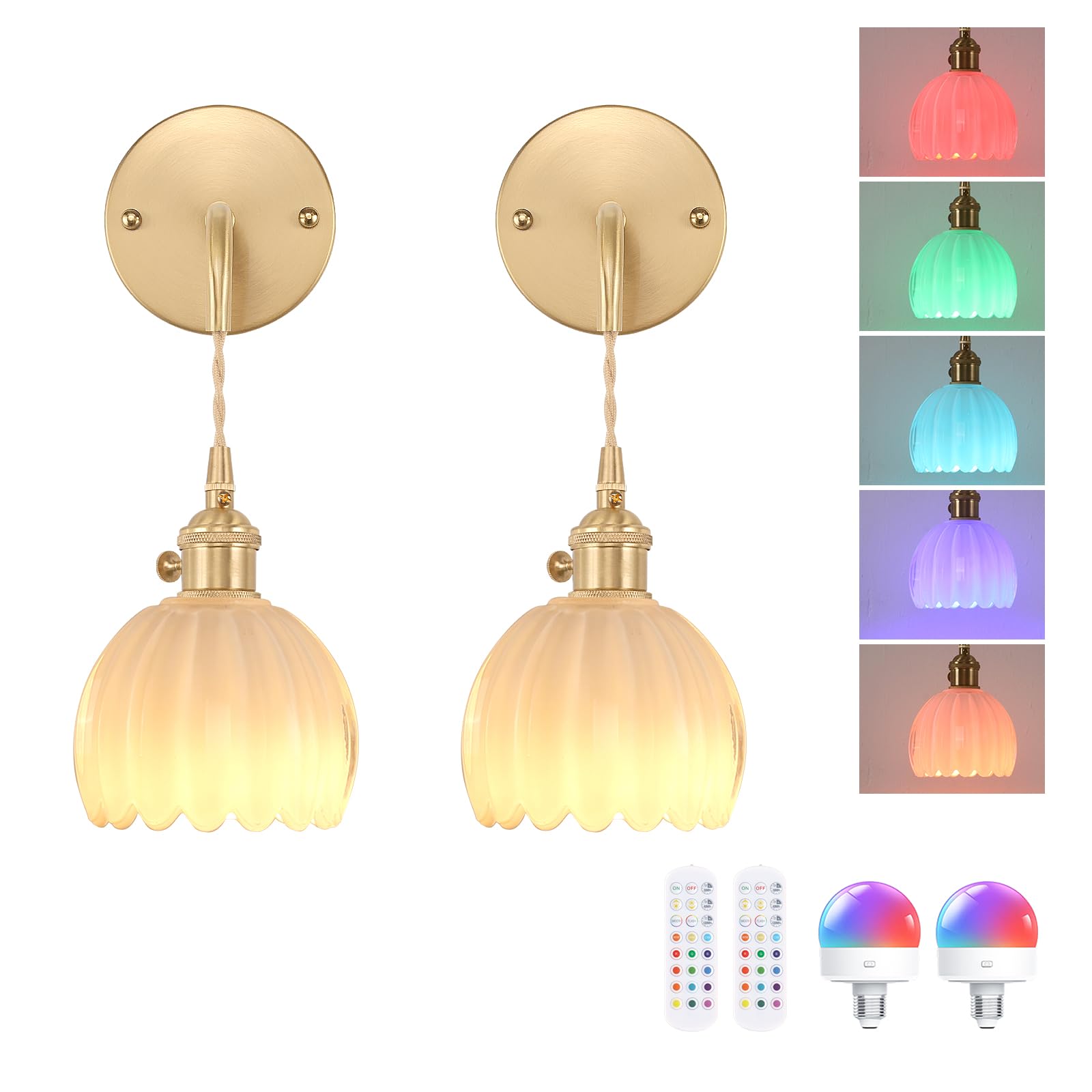 Shenmoyl Battery Operated Wall Light Set of 2, Rechargeable Wall Lamp Indoor with Adjustable Cord, Vintage Wall Sconce Decor for Bedside Living Room Bedroom Bathroom, Tulip White