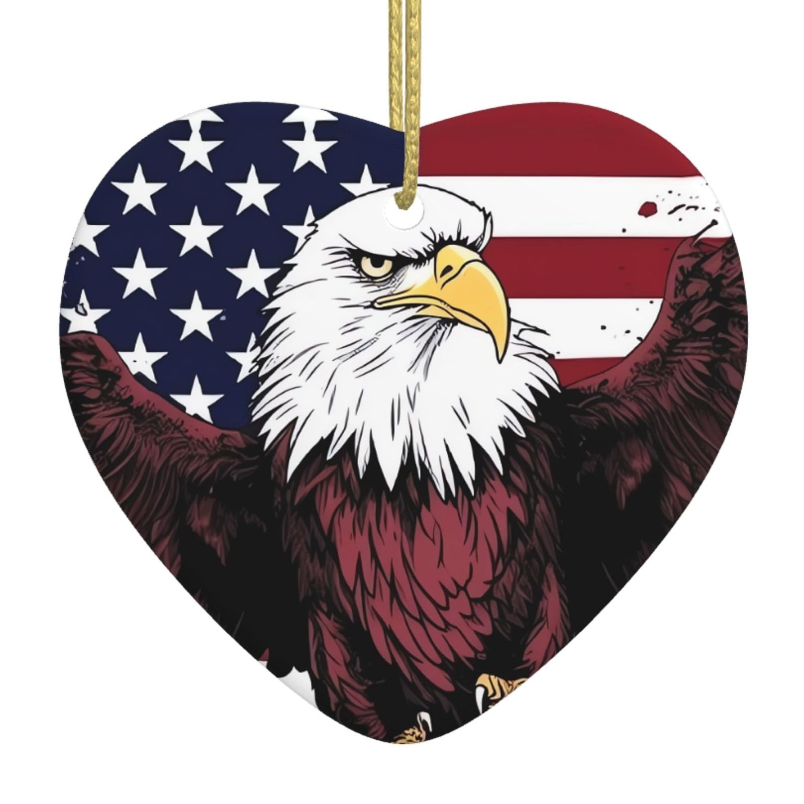 Ceramic Christmas Tree Hanging Ornaments with Gold Ropes Christmas Tree Decorations Heart Ceramic American National Flag with Eagle Pendant Keepsake Decorations for Holiday Xmas Gift Ideas