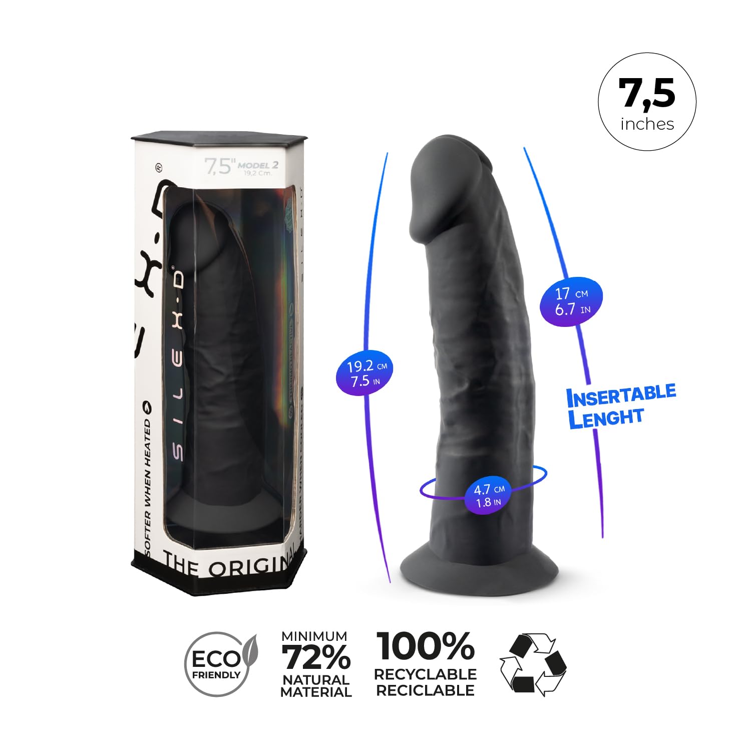 SILEXD Model 2 (7,5") Dildo Realista Negro - Silicona Termorregulable Doble Densidad SILEXPAN, Base Ventosa, Eco-Friendly, 19.2cm