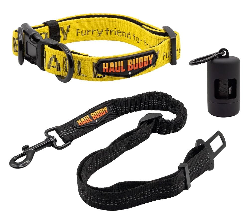 Mytee Products Small Breed Adjustable Dog Collar, Nylon Car Seat Belt Harness, and Poop Bag Holder Set for Male Female Dogs - Neoprene Padded Collar, Leak-Proof Waste Bag Dispenser