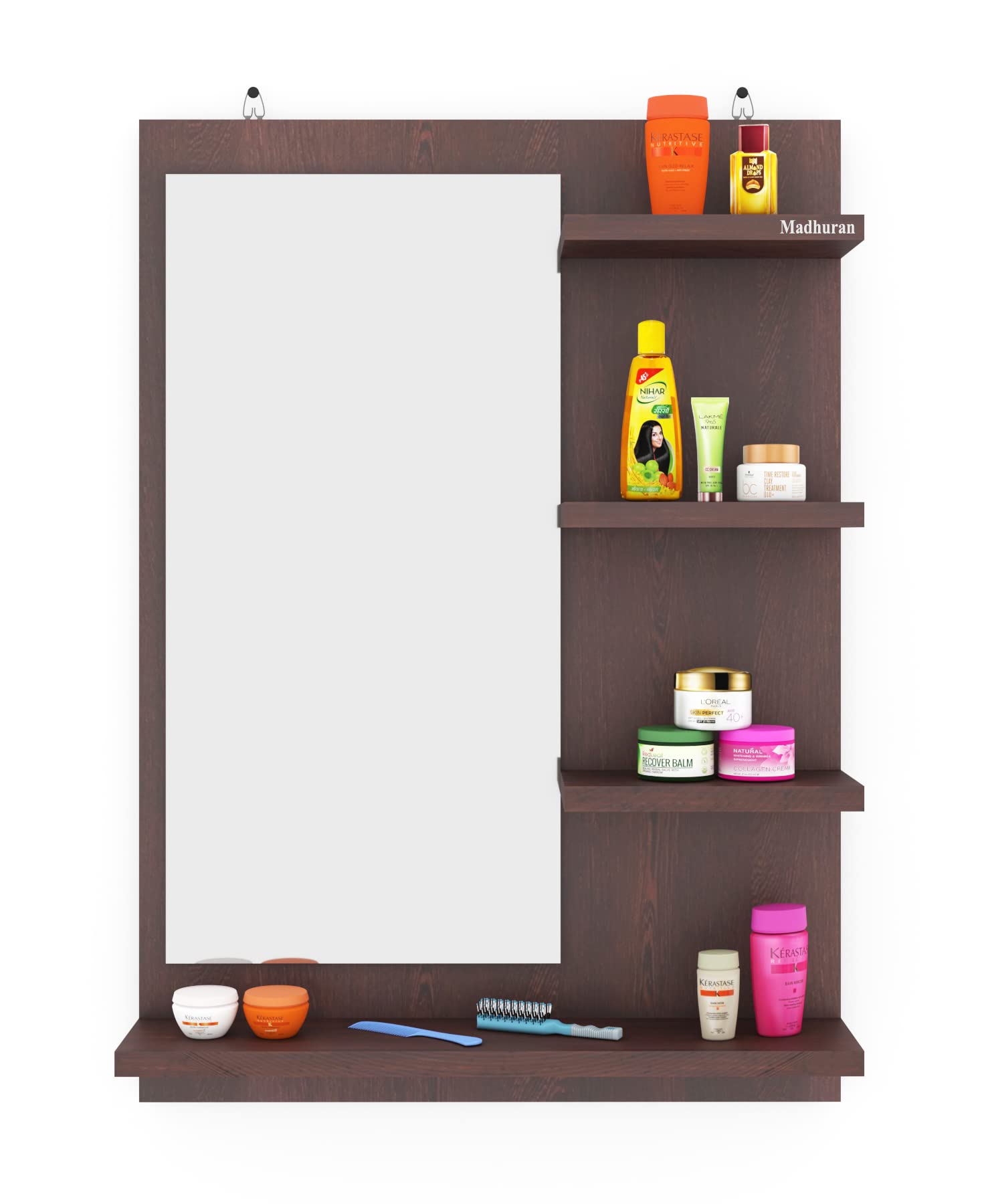 Madhuran Engineered Wood Wall Mounted Dressing Tables Mirrors with Storage Shelf (Matte Wenge) Living Room Bathroom Washbasin Office Home Fancy Rectangle Organizer