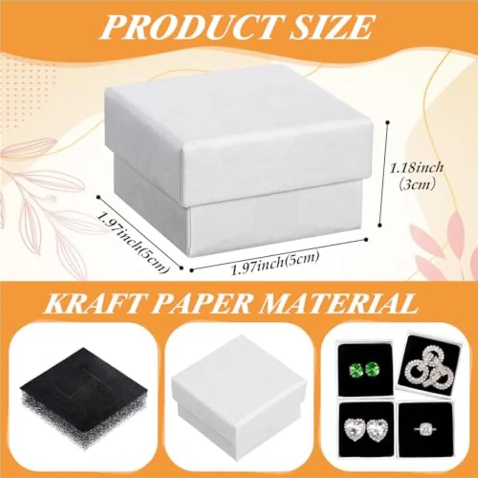 Cajas de cartón para joyas, 200 unidades, cajas de regalo de cartón, anillos y aretes, caja cuadrada de papel kraft con inserto de espuma para embalaje, color blanco