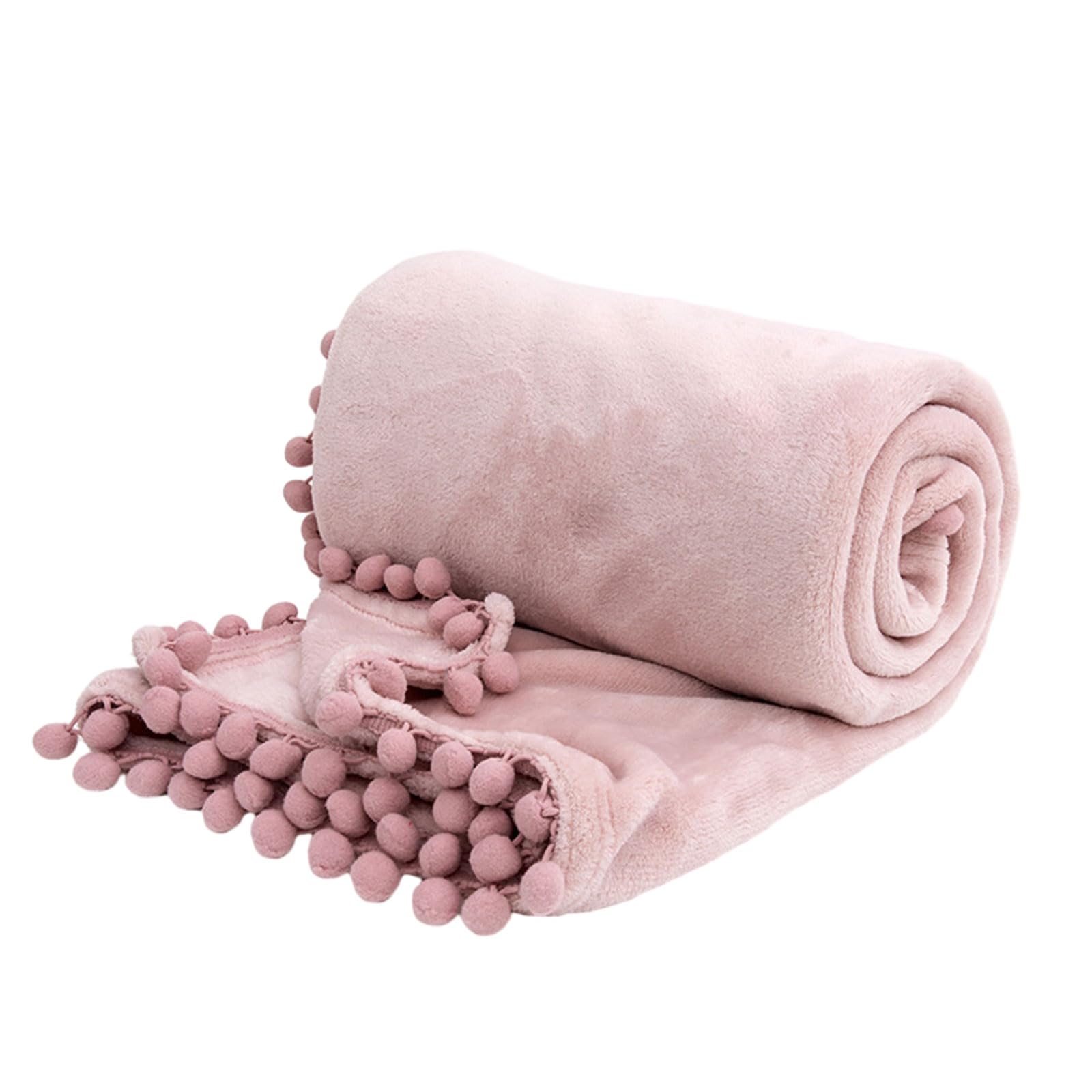 Lerpwige Pink Unisex Pom Pom Fringe Tassel Solid Color Warm Polyester Fleece Throw Blanket S 127x152cm/50x59.84inch