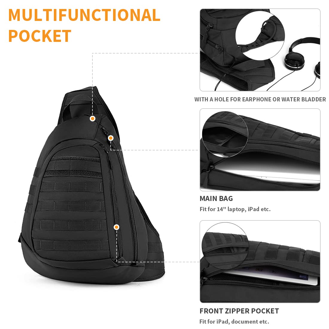 HUNTVP Sac de Poitrine,Sac à Dos Homme Tactique Militaire Molle Backpack Multifonction en Nylonpour Voyage Randonnée Camping Trekking Excursion Sport Chasse Cyclisme
