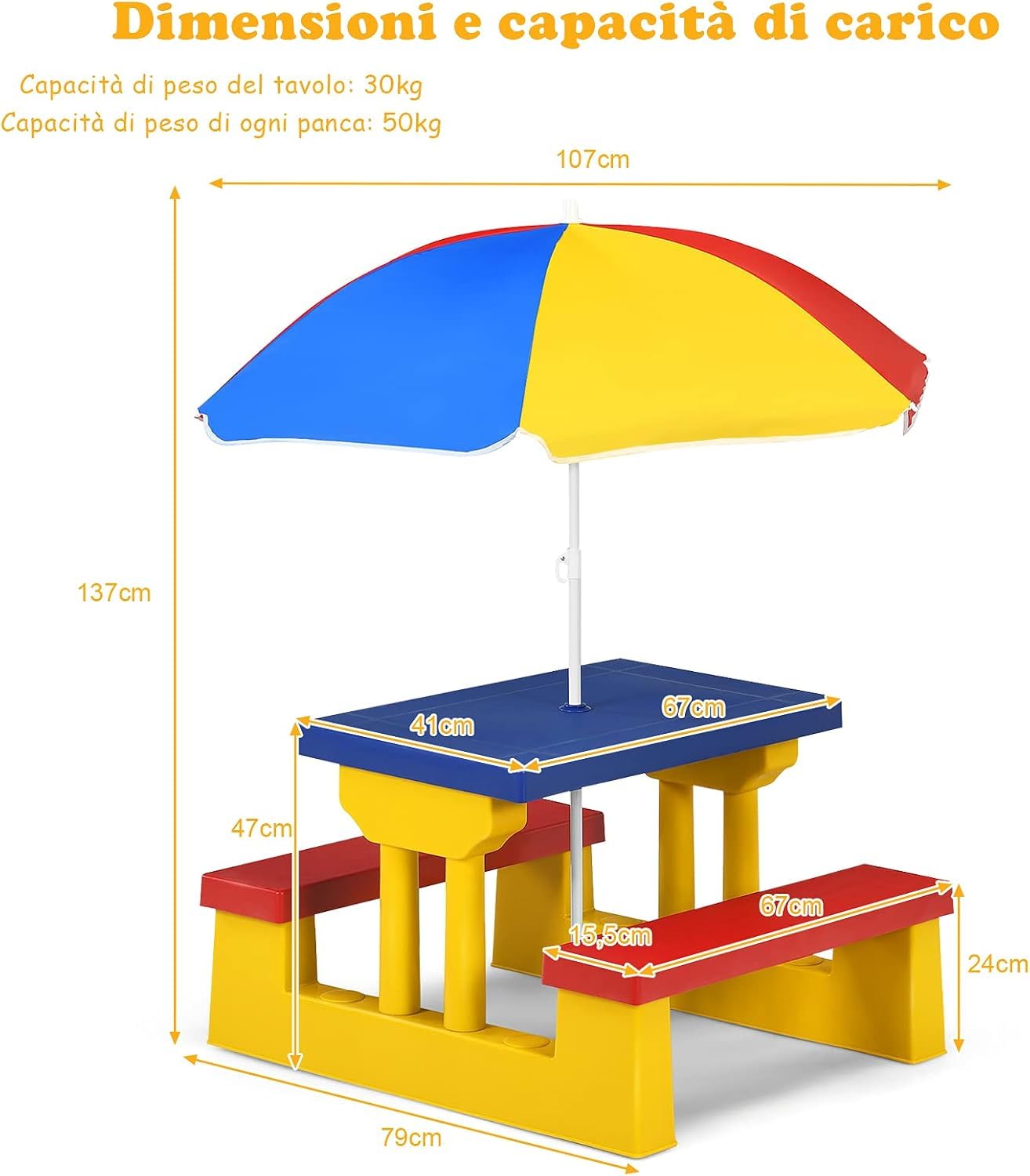 COSTWAY Tavolo da Picnic per Bambini con Parasole Pieghevole, Set di Tavolo e Panche per Festa e Picnic (Colore 1)
