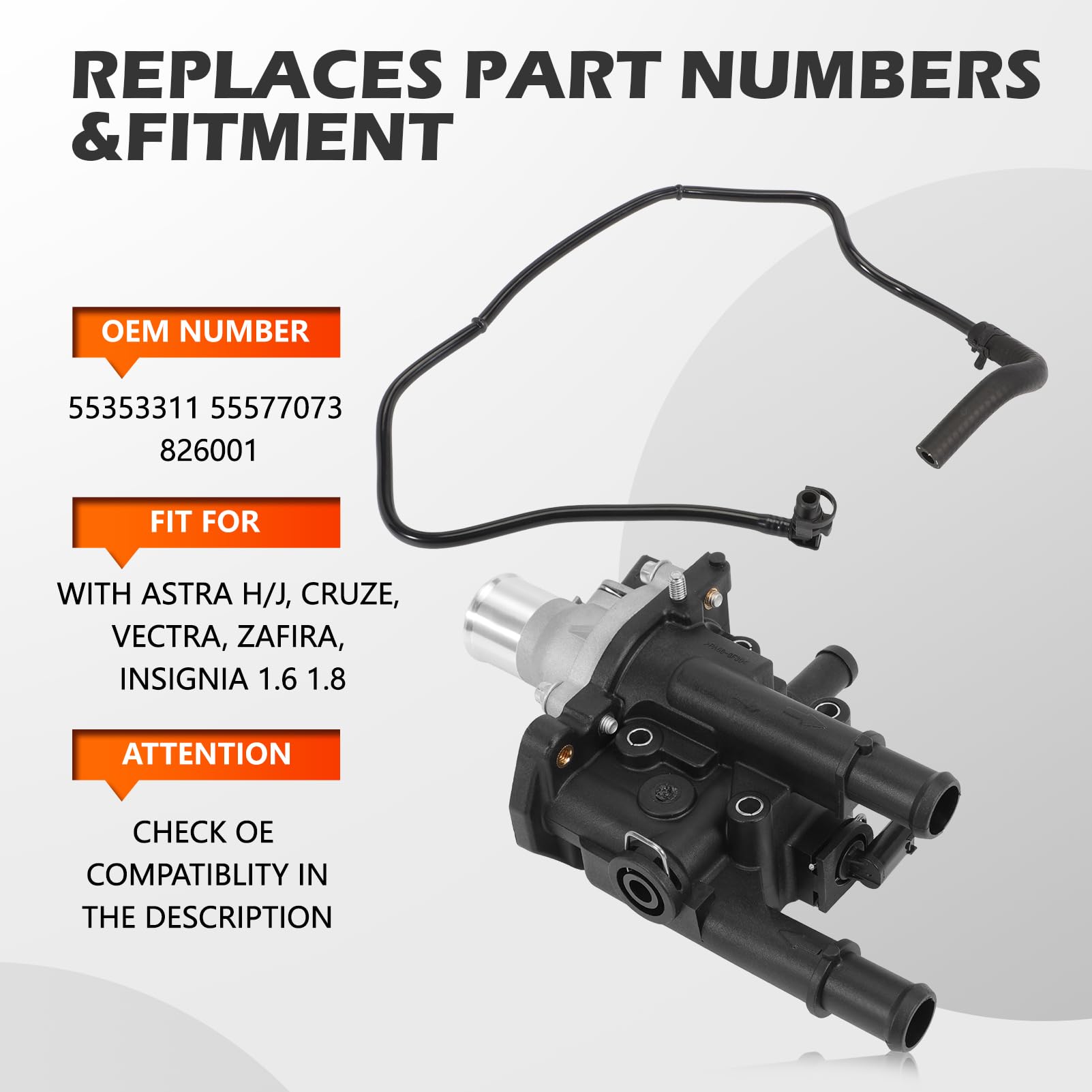 55353311 Carcasa del termostato con termostato y manguera de agua compatible con Opel Astra H, J Cruze, Vectra, Zafira, Insignia 2009-2022#55577284 826001