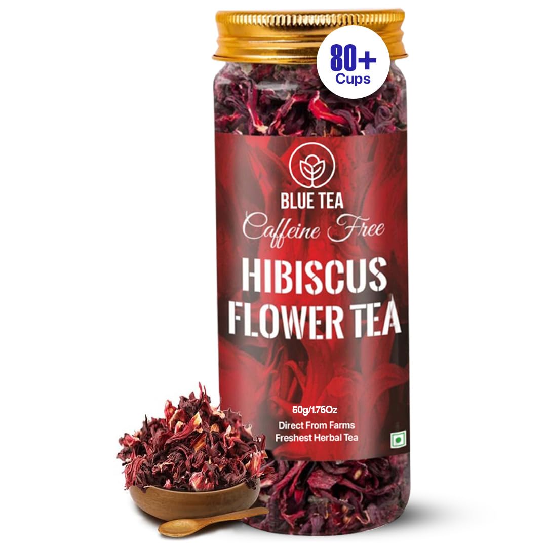 BLUE TEA - Hibiscus Tea - Classic - 50g - 80+ Cups | SKIN GLOW ENHANCING TEA, Karkade | Vitamin-C Rich | Tangy Taste - Flower Based - Herbal Tea - Gluten Free | Pet Jar Pack