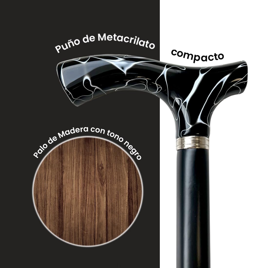 Flexor Bastón Clásico de Paseo de Madera con Puño de Metacrilato Jaspeado en Negro, Cómodo y Ligero, 92 cm