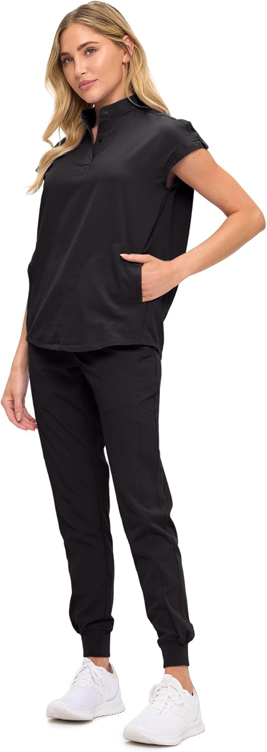 Womens Jogger Scrub Set with Oversized Scrub Top with Mandarin Collar. Supreme Comfort Scrub Set for Women - Image 2