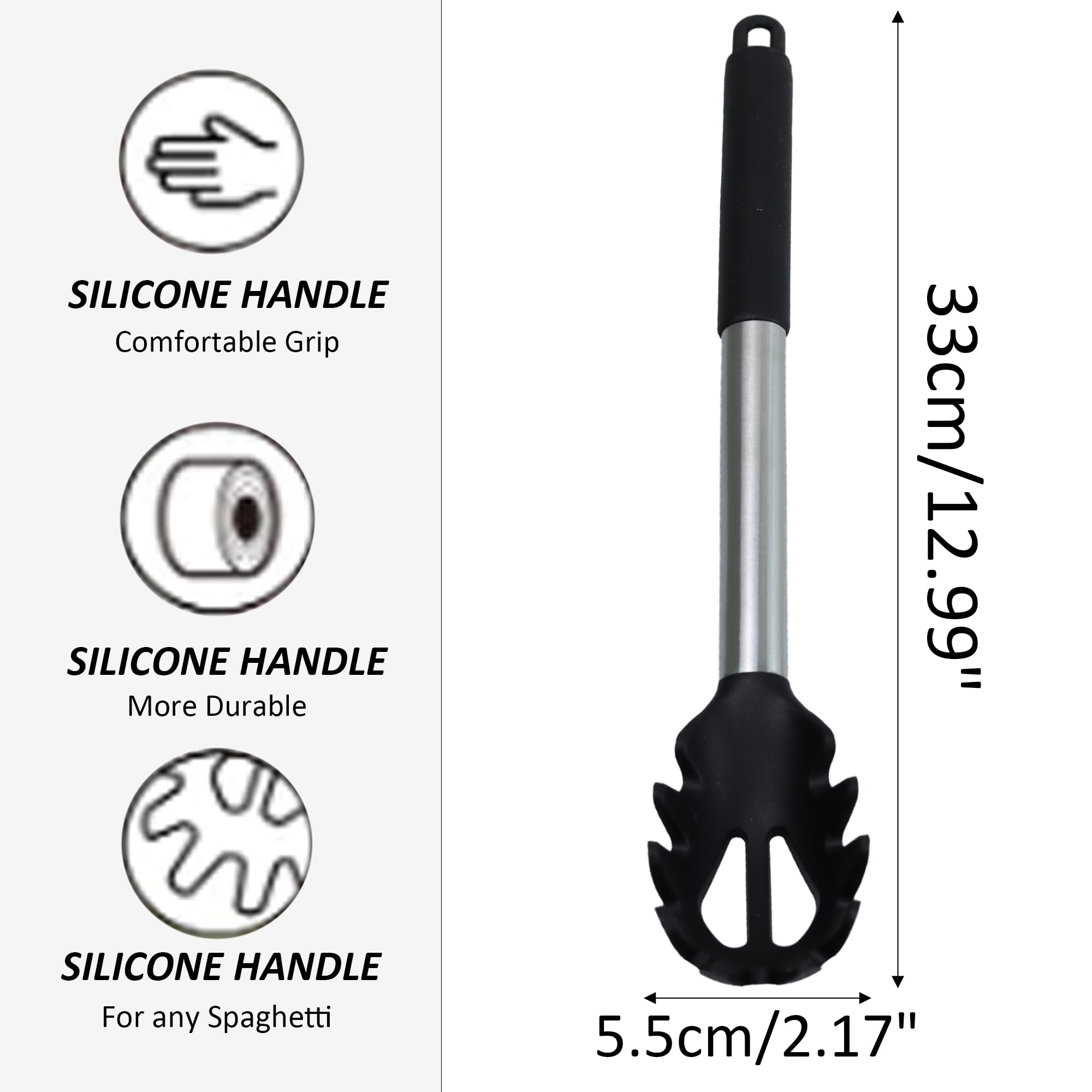 LVYKING Silicone Pasta Fork, Heat Resistant Spaghetti Spoon with Stainless Steel Handle, Noodle Spoon for Pasta Serving, Spaghetti Server Fork Cooking Tool (Black)