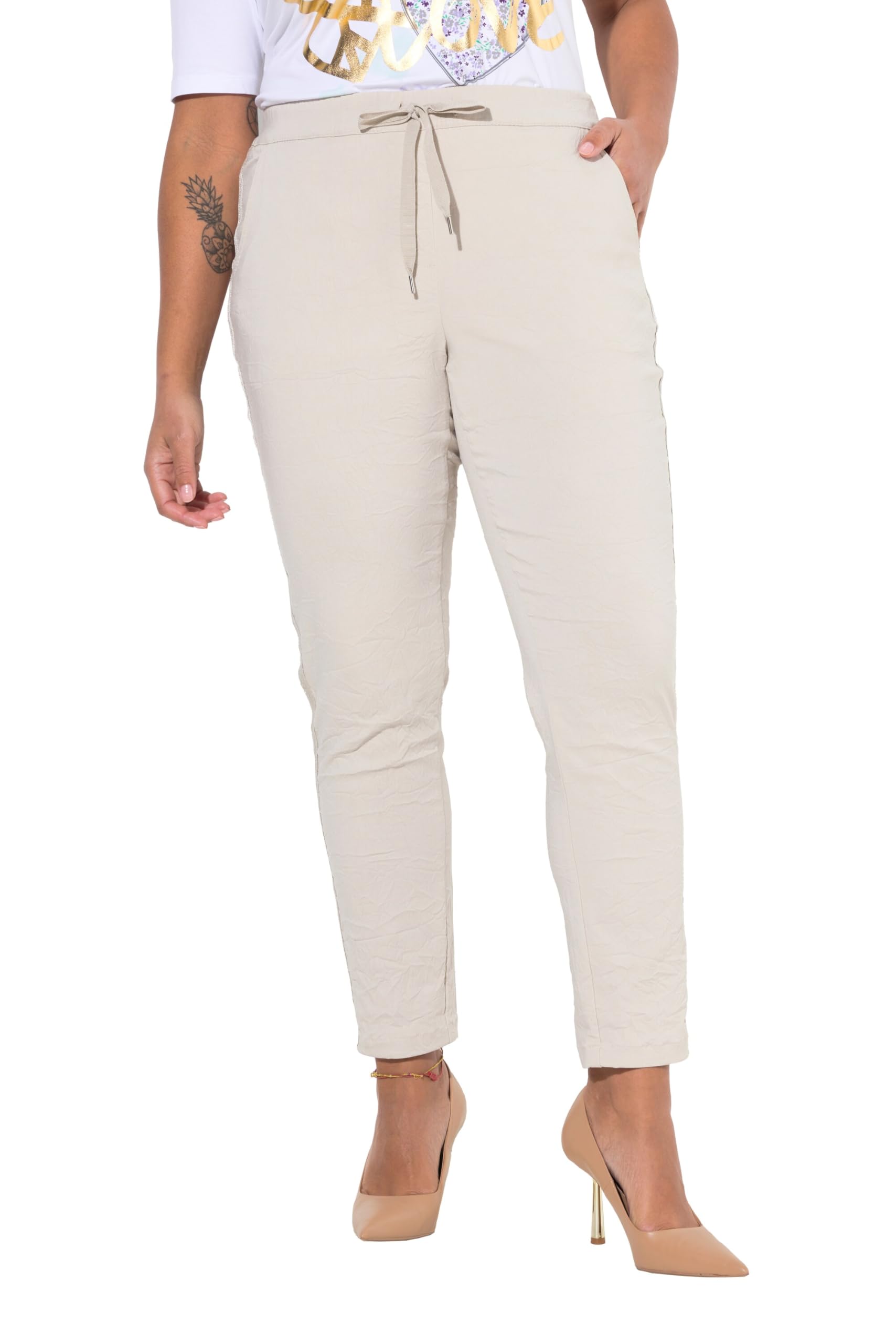 MIAMODA Damen große Größen Übergrößen Plus Size Crinkle-Hose, Glitzer-Seitenstreifen, Elastikbund 837464