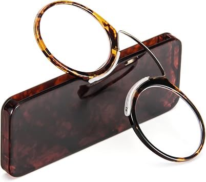REAVEE Ultra Thin Armless Reading Glasses for Men Women, No Temple Pinch Nose Clip on Readers Small Pocket with Mini Portable Case, Tortoise +1.0