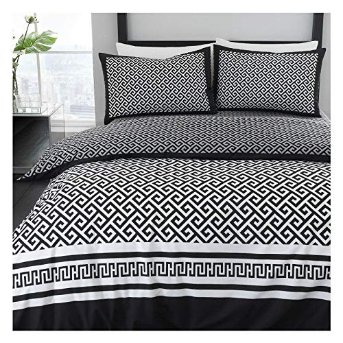 FAIRWAYUK Duvet Covers Double - Poly Cotton Hotel Quality Reversible Greek Key Printed Quilt Cover with Pillowcase, Ultra Soft White and Black Bedding, 200x200cm