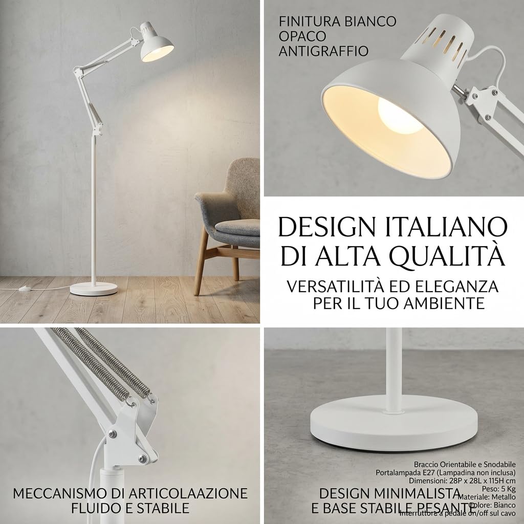MAKA Lampada da Terra Moderna Piantana per Soggiorno Luce Lettura Orientabile Metallo Presa E27 Lampada da Ufficio Design Minimalista Illuminazione Interni Base Stabile 28x28x115cm 5kg (Bianco)