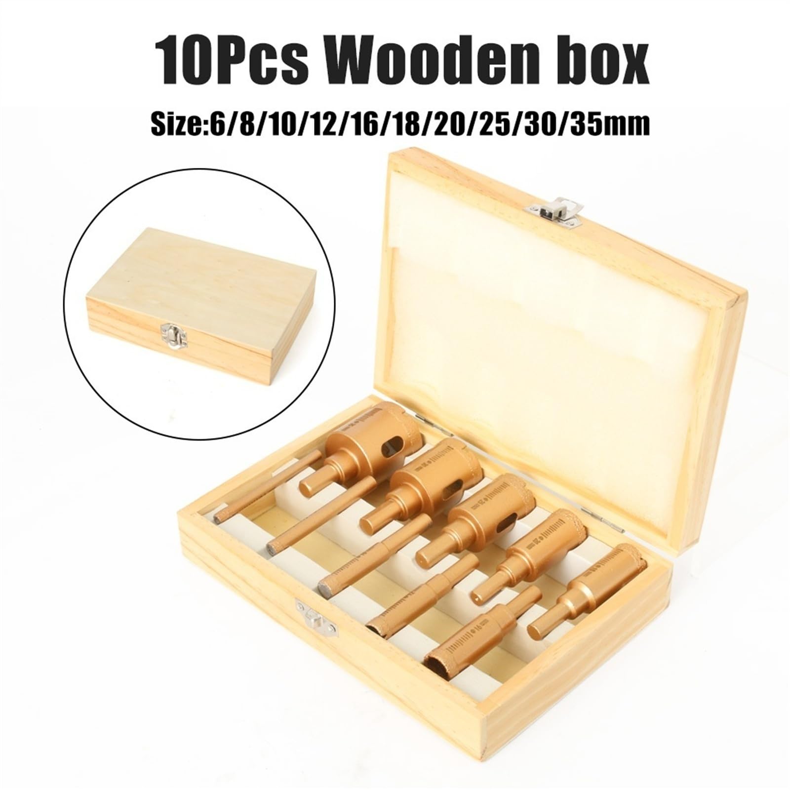 Juego de Brocas con Revestimiento de Diamante, Herramientas manuales for Vidrio, mármol, Granito, Piedra, azulejo, cerámica, 10-12 Uds., 6-35mm (Color : A, Size : 10Pcs Wooden Box)