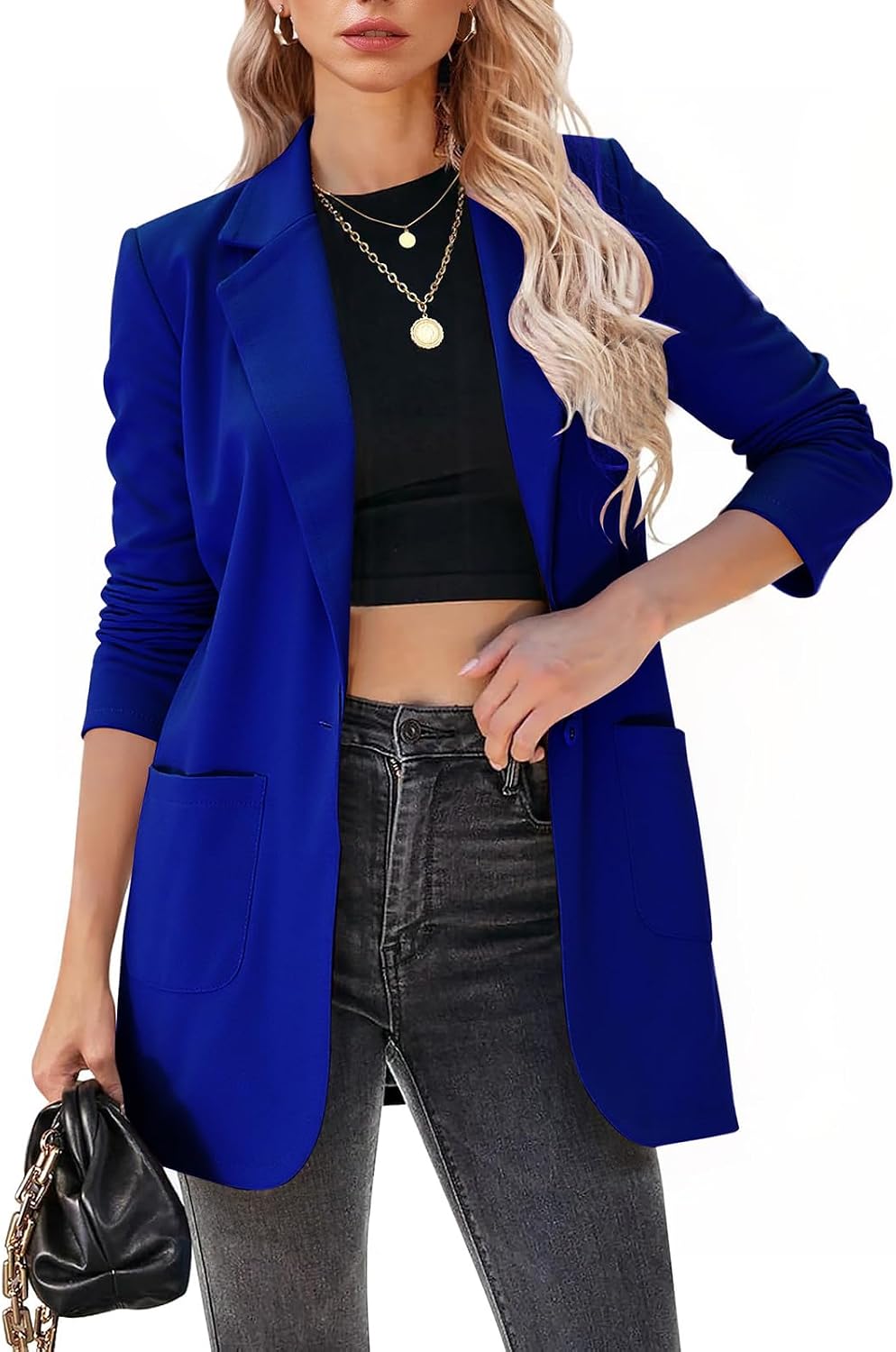 Womens Blazer Jacket Casual Work Office Long Boyfriend Button Front Blazer