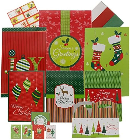 Complete Christmas Gift Wrapping Kit- 44Piece Kit Including Gift Boxes, Gift Tags, Stickers, & Tissue - Multicolor Multi Design Red, Green, White, Assorted Sizes