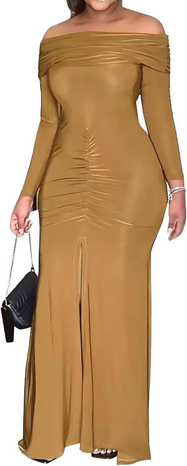 Generic Women'S Plus Size Long Sleeve Off Shoulder Dress Sexy Front Split Long Maxi Wrap Dress Ruched Bodycon Cocktail Dress