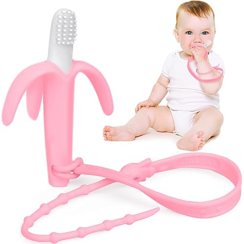 SHARE&CARE Baby Banana Teether and Toothbrush, Teething Toys for Infants, Toys for Baby Shower (Pink)