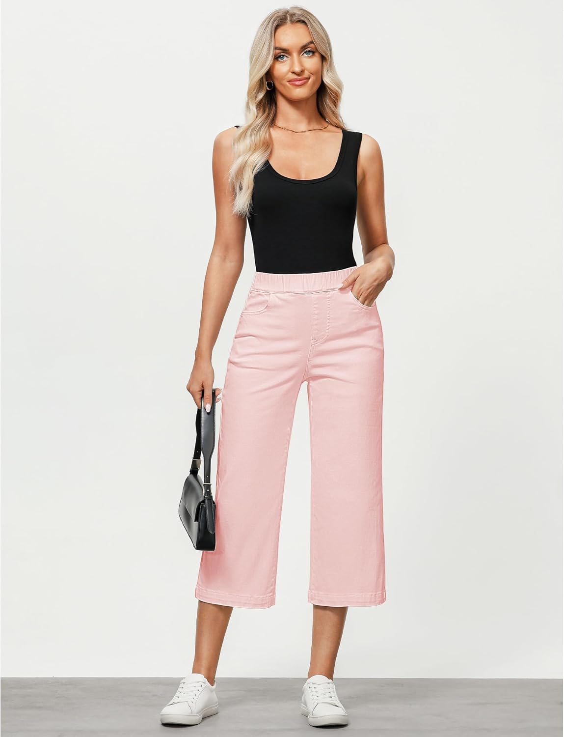 GRAPENT Capri Jeans for Women Wide Leg High Waisted Effortless Flow Pull On Stretchy Denim Elastic Waist Pants with Pockets - Image 5