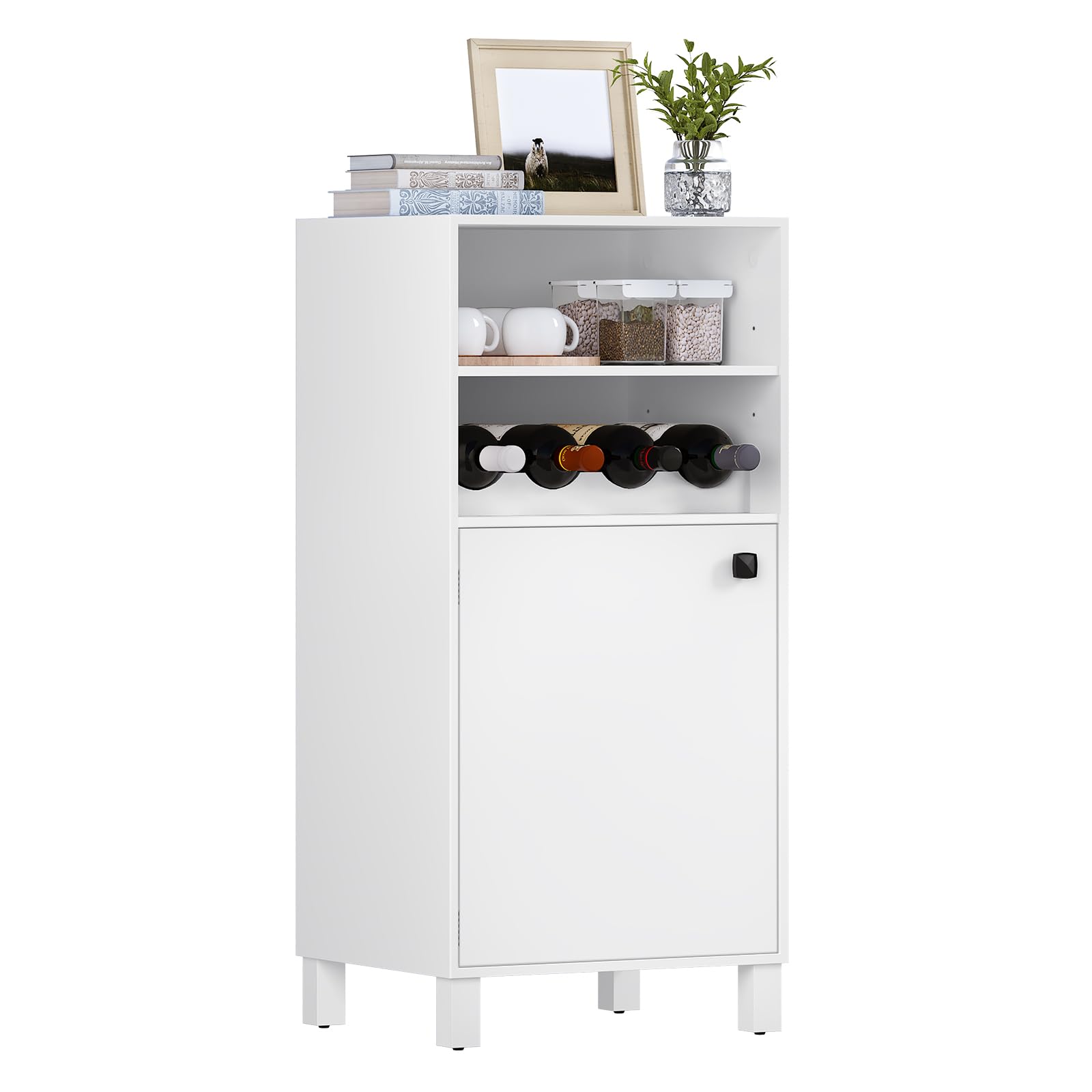 WOLTU Aparador Auxiliar Cocina, Armario con Estante Abierto, Botellero de Vino y Puerta, Armario Cocina de Almacenamiento, Mueble Auxiliar Cocina, Blanco, 48x40x108 cm