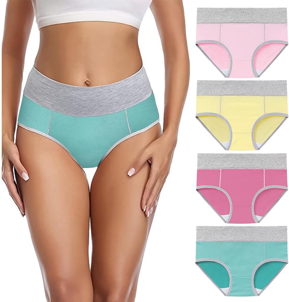 Ladies High Waist Knickers, 4Pcs Women's Cotton Briefs Underwear, Full Back Coverage Panties Multipack, Comfort Fit Underwear, Women Full Briefs Stretchy Soft Panties Slight Tummy Control Pants