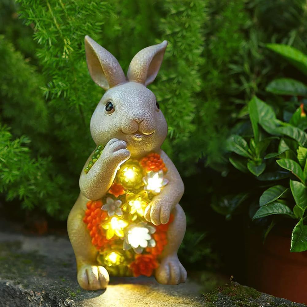 RuiDay Rabbit Statue Solar Garden Ornaments,Outdoor Garden Figurine Rabbit with Succulent 6 LED Solar Lights,Outdoor Garden Ornament for Home Yard Patio Lawn Rabbit Gifts for Women