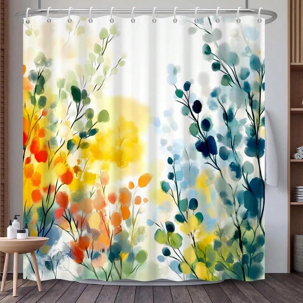 GLKSDLPO Watercolor Floral Shower Curtain, Farmhouse Botanical Print Bath Tub Curtain(100x204cm/39x80in(WxH)